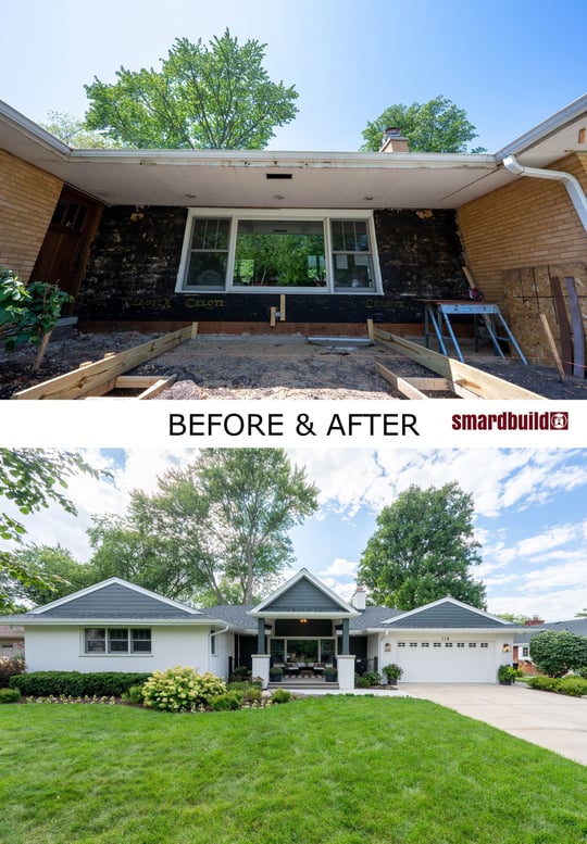 Before and after comparison of a residential exterior renovation, showing the transformation from an unfinished entry to a completed front porch with new roofing, white siding, and enhanced landscaping, located in the Chicagoland area, completed by Smardbuild.