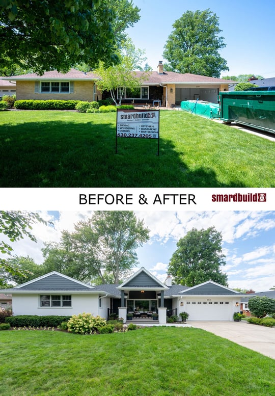 Before and after comparison of a residential front exterior renovation, showing a transformation from an unfinished entry to a completed porch with white siding, modern columns, and enhanced landscaping, located in the Chicagoland area, completed by Smardbuild.