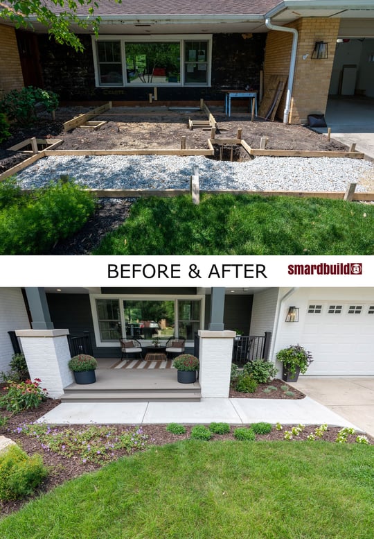 Before and after comparison of a residential front porch renovation, showing a transformation from an unfinished entry to a completed porch with new columns, potted plants, and landscaped surroundings, located in the Chicagoland area, completed by Smardbuild.