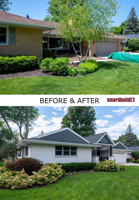 Before and after comparison of a residential exterior renovation, highlighting a transformation from an older design to a modernized look with white siding, a new roof, and enhanced landscaping, located in the Chicagoland area, completed by Smardbuild.