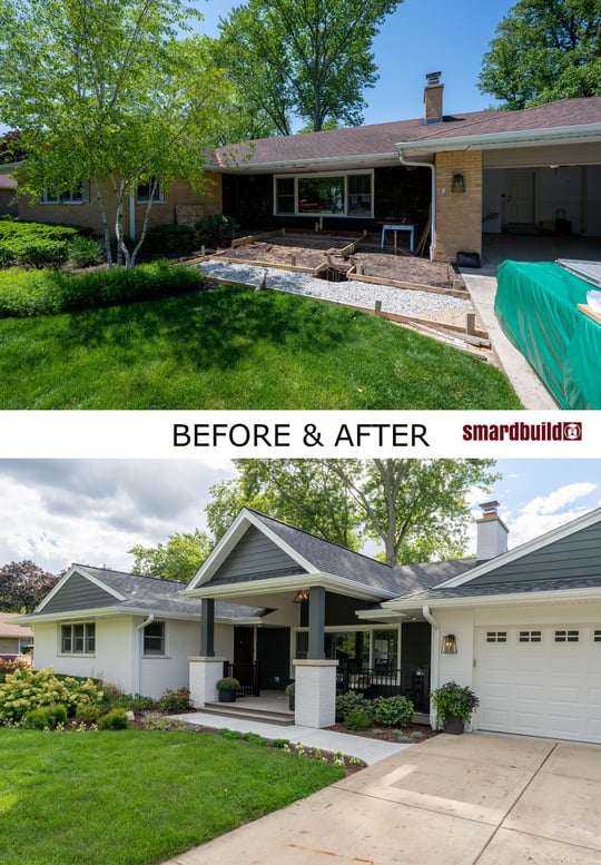 Before and after comparison of a residential exterior renovation, featuring a transformation from a basic patio area to a redesigned front porch with new columns, roofing, and landscaping, located in the Chicagoland area, completed by Smardbuild.