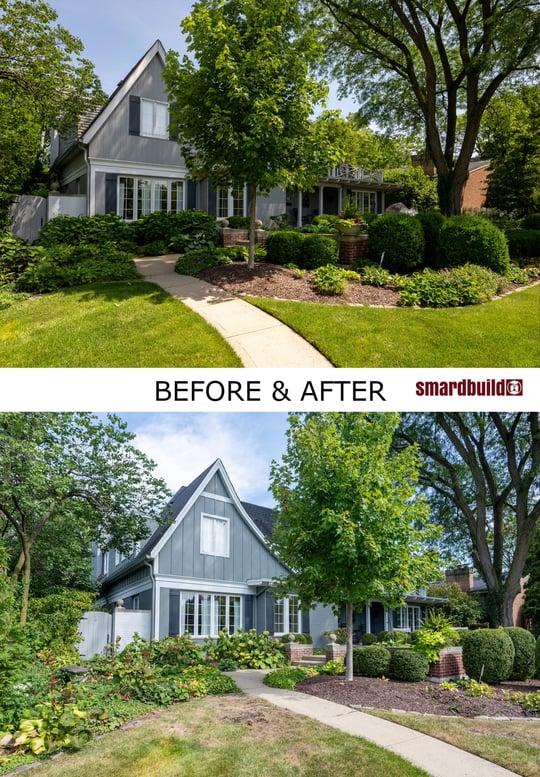 Before and after comparison of a residential front yard and exterior renovation, highlighting enhanced landscaping, updated greenery, and refreshed gray siding with white trim, located in the Chicagoland area, completed by Smardbuild.