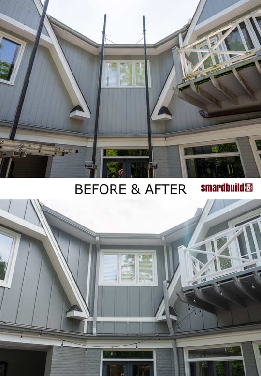 Before and after comparison of a residential courtyard renovation, showing updated gray siding, white trim, and improved balcony details, located in the Chicagoland area, completed by Smardbuild.