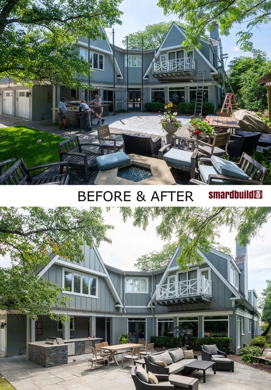 Before and after comparison of a residential backyard and patio renovation, showcasing an updated seating area, landscaping improvements, and a well-maintained patio space, located in the Chicagoland area, completed by Smardbuild.