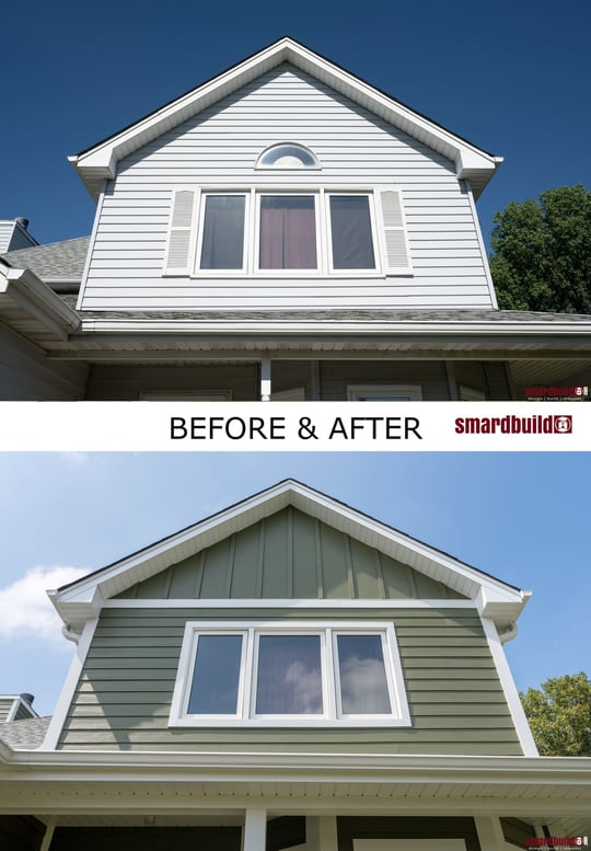 Before and after comparison of an upper-level exterior renovation, featuring a change from white siding to green siding with white trim around windows, located in the Chicagoland area, completed by Smardbuild.