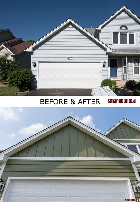 Before and after comparison of a residential garage exterior renovation, showing a transformation from white siding to green siding with white trim, located in the Chicagoland area, completed by Smardbuild.