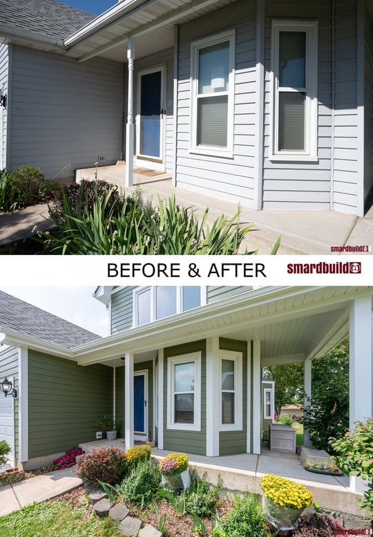 Before and after comparison of a residential front porch renovation, showing updated green siding, white trim around windows, and enhanced landscaping, located in the Chicagoland area, completed by Smardbuild.