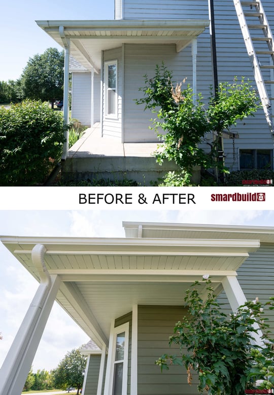 Before and after comparison of a residential entryway renovation, featuring new green siding and a white overhang with updated trim, located in the Chicagoland area, completed by Smardbuild