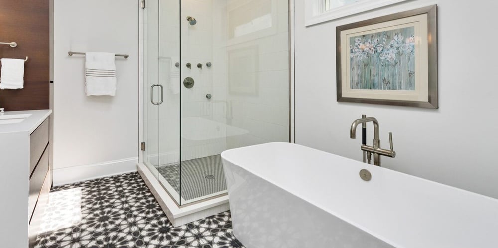 Bathroom Remodel in Chicago Suburbs with Patterned Tile Floor, Setp In Shower, and Soaking Tub