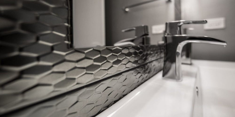 Textured Backsplash Detail in Bathroom Remodel in Chicago Suburbs