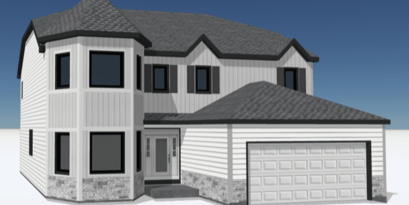 rendering of home exterior with white siding and black roof