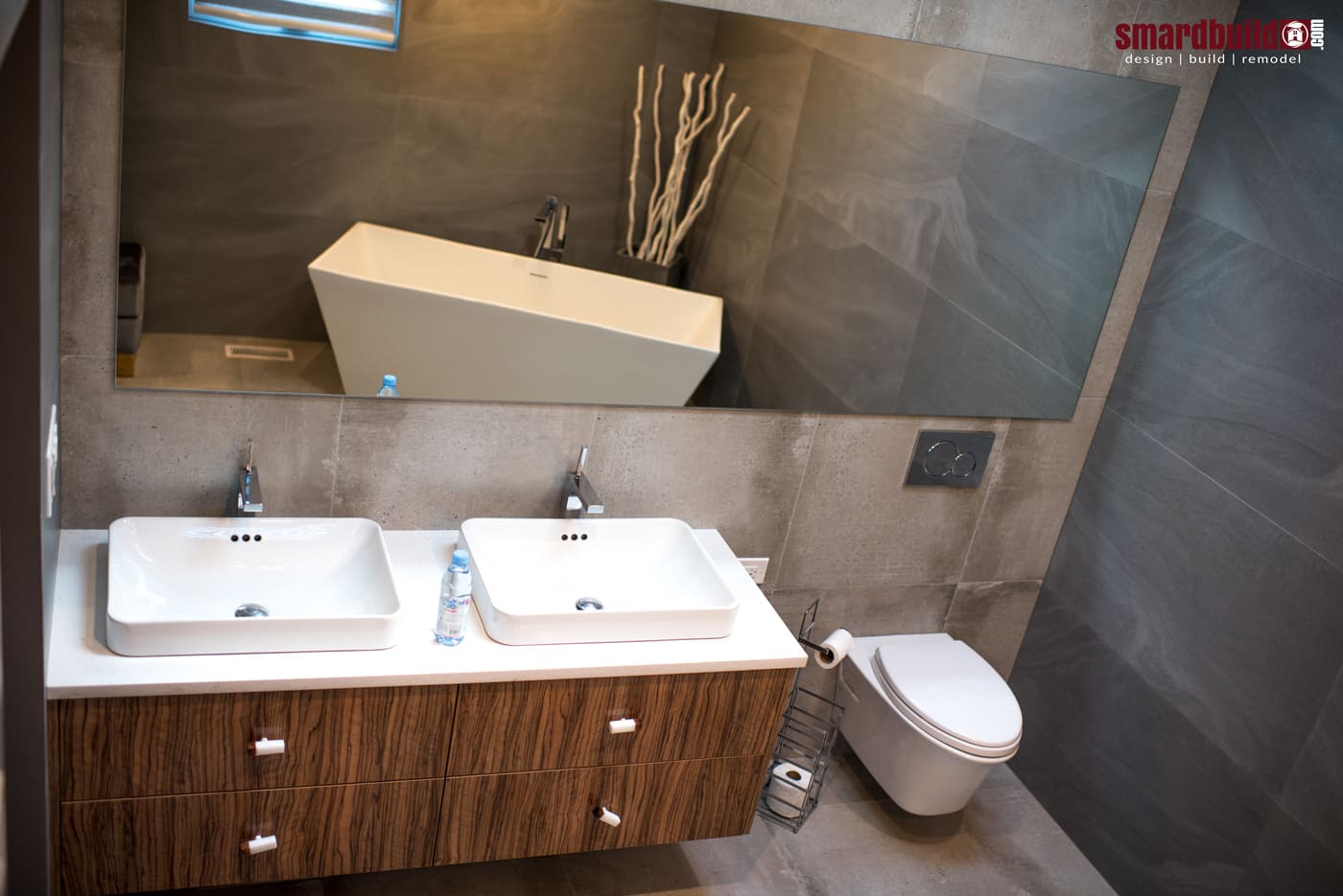 floating wood bathroom vanity with his and her sink in naperville chicago bathroom remodel